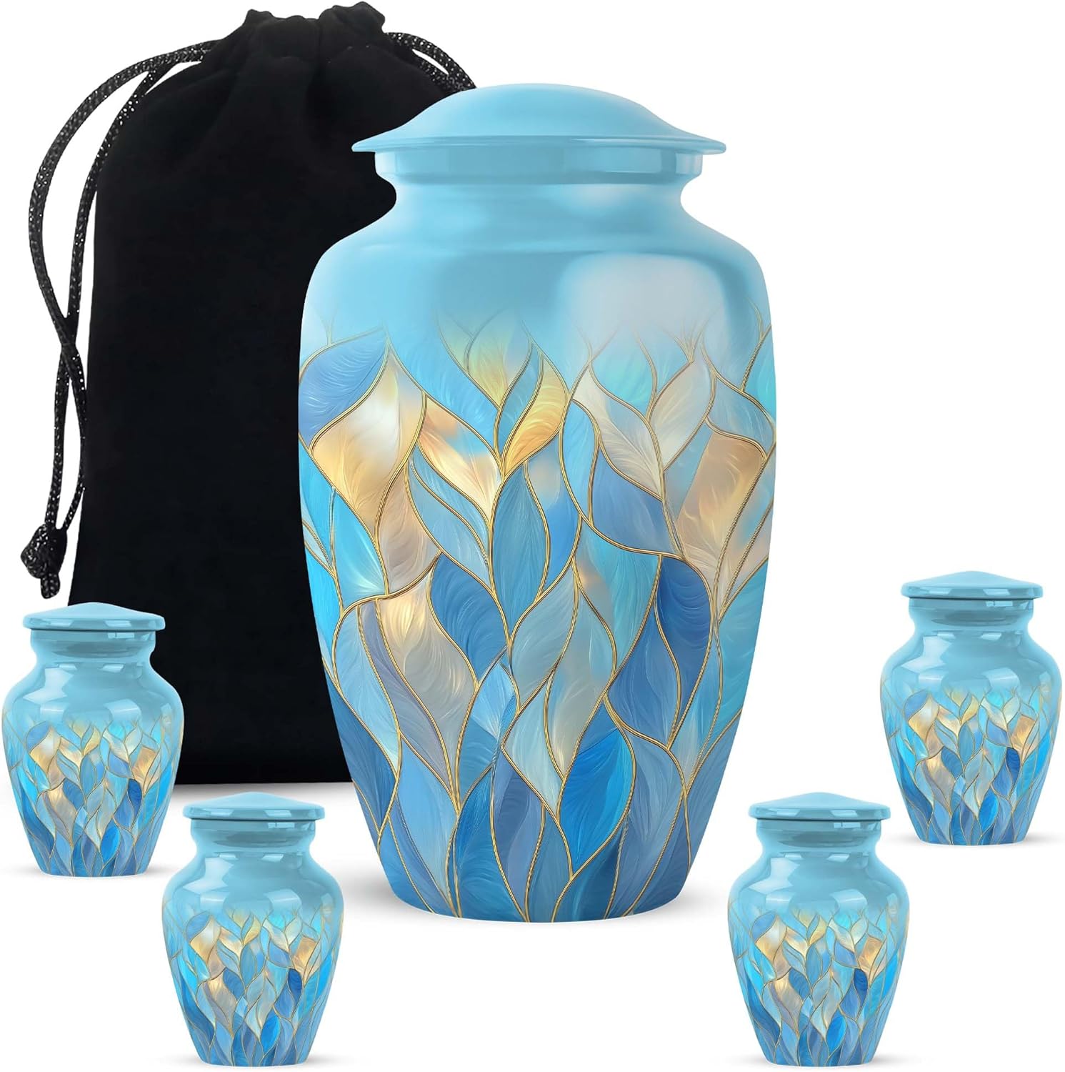Blue Burial Urns for Human Ashes Adult Female - Combo 1 Large & 4 Keepsake Memorial Urn - Funeral Urns for Human Ashes Adult Man - Large Cremation Urn for Mother - (10 & 3 Inch)
