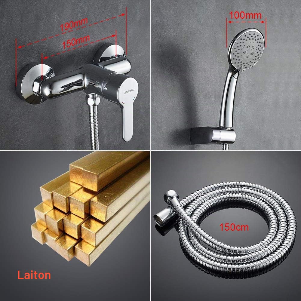 GRIFEMA Mitigeur de Douche Mural & Robinet Monocommande de Douche avec Flexible, Douchette 5 Jets, Support, Chromé, G12003