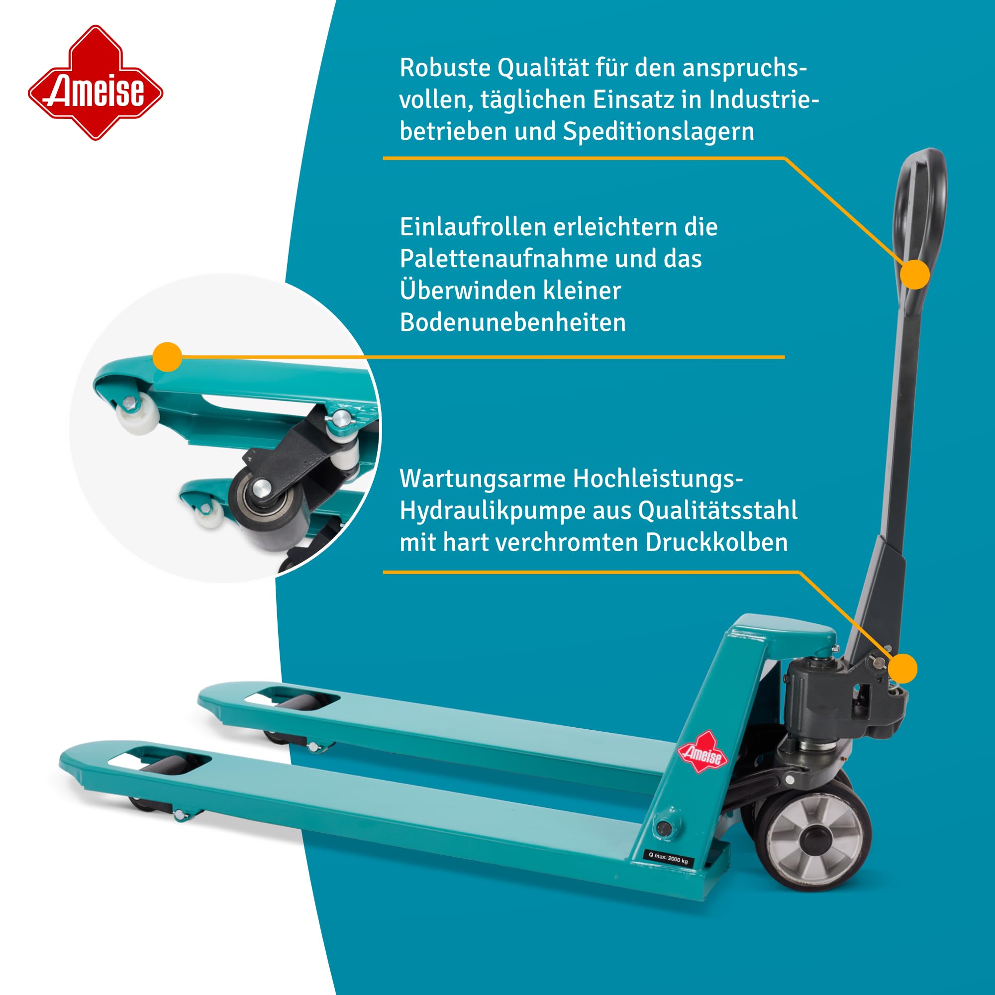 Ameise Hubwagen PTM | 2.000 kg Tragkraft | 1.150 mm Gabellänge | Lenkrad aus laufruhigem Vollgummi | Einfach-Gabelrollen aus robustem Polyurethan | Palettenhubwagen