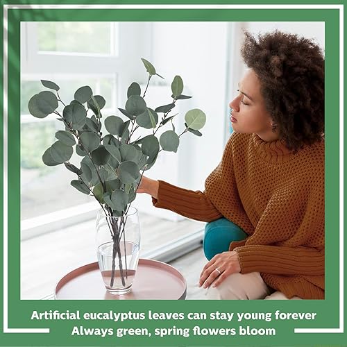 Miniatura 5 de 20 tallos artificiales de eucalipto a granel, hojas de dólar de plata de 23.6 pulgadas, decoración de plantas falsas de ramas de seda, ramas de