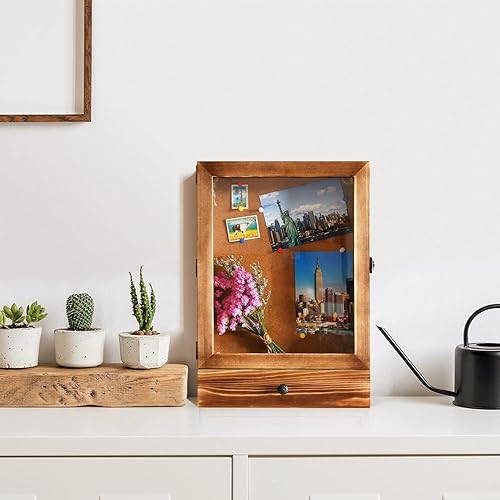 Miniatura 3 de Owlgift Marco de caja de sombra de 11 x 16 pulgadas con cajón con parte trasera de corcho, madera marrón rústica con vidrio pulido para pared y