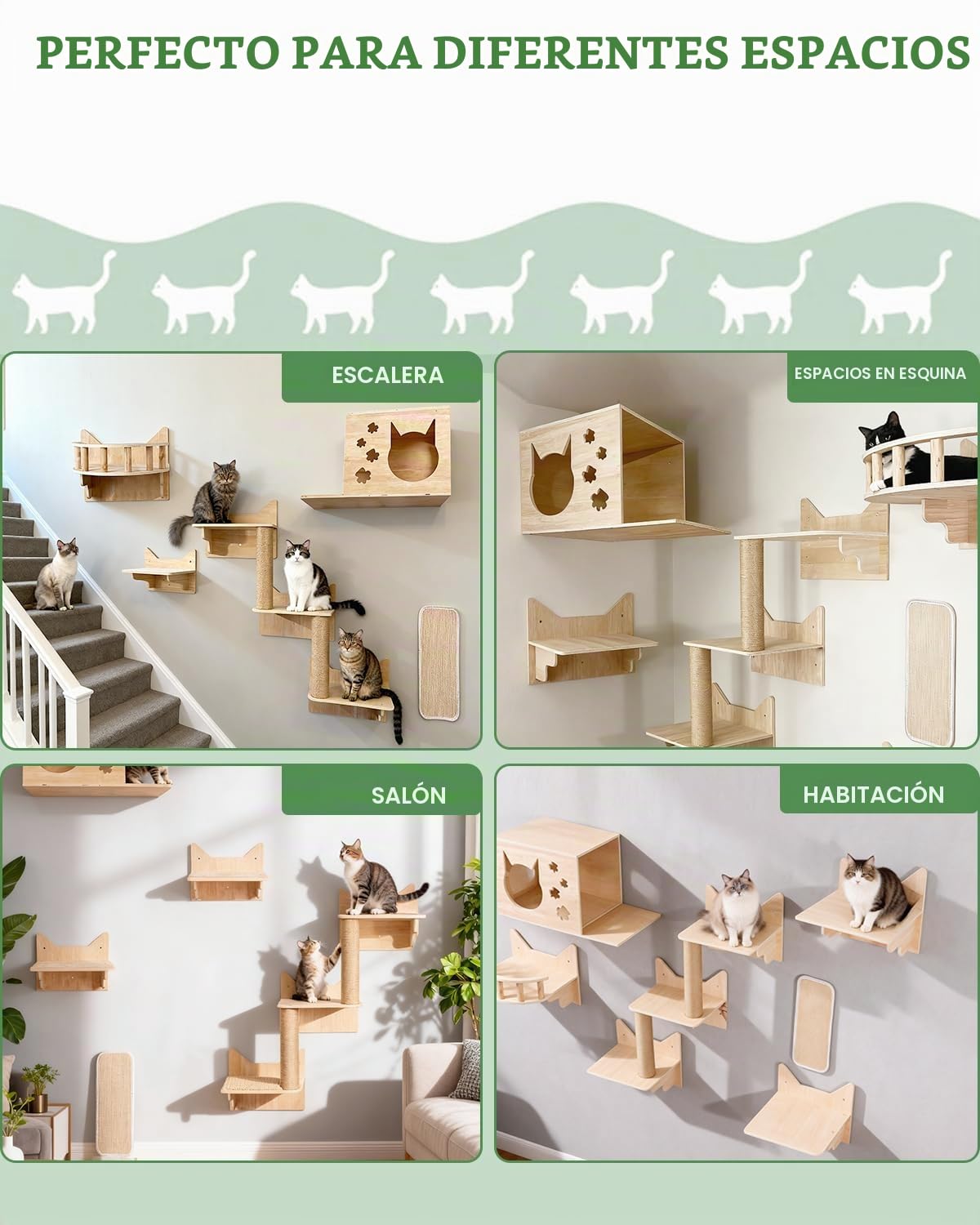 Estantes de Pared para Gatos 6 en 1, con Cueva, Torre hasta 15 kg | Estanterías para Gatos con Plataformas, Poste de Escalada y Rascador, Espacio Vertical con Zonas de Descanso y Áreas de Juego