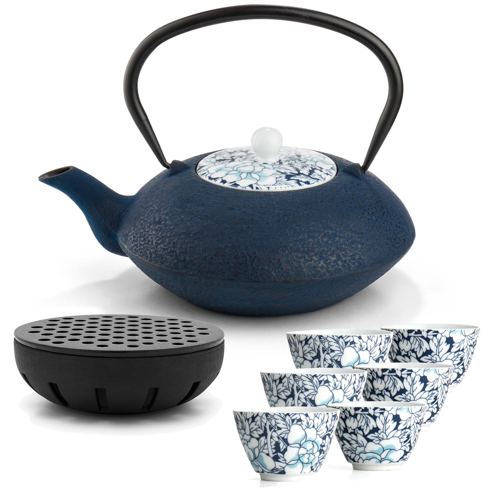 Bredemeijer Teekanne asiatisch Gusseisen Set blau 1.2 Liter Teekessel mit Edelstahl Tee-Filter Sieb-Einsatz für losen Tee & gusseisernen Stövchen inkl. 6 blauen Teebecher Porzellan
