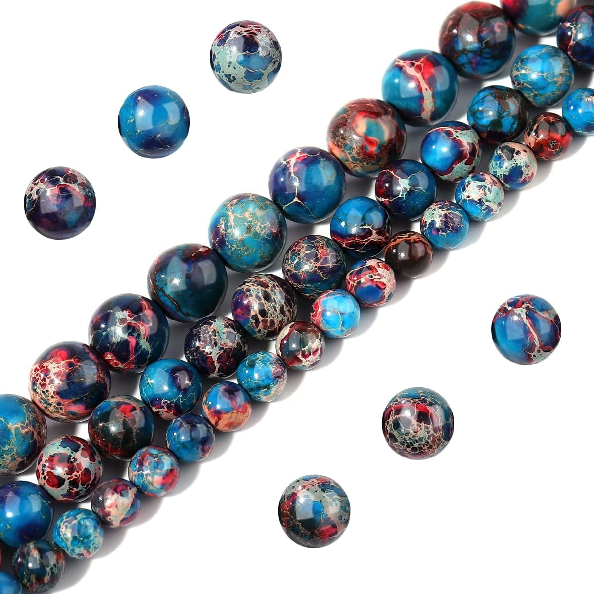 Filluck Natural Stone Beads 8mm Red Blue Imperial Jasper Polished Round Smooth Gemstone Beads for Jewelry Making Adults 15 Inch(Red Blue Imperial Jasper,8mm) Red Blue Imperial Jasper 8mm