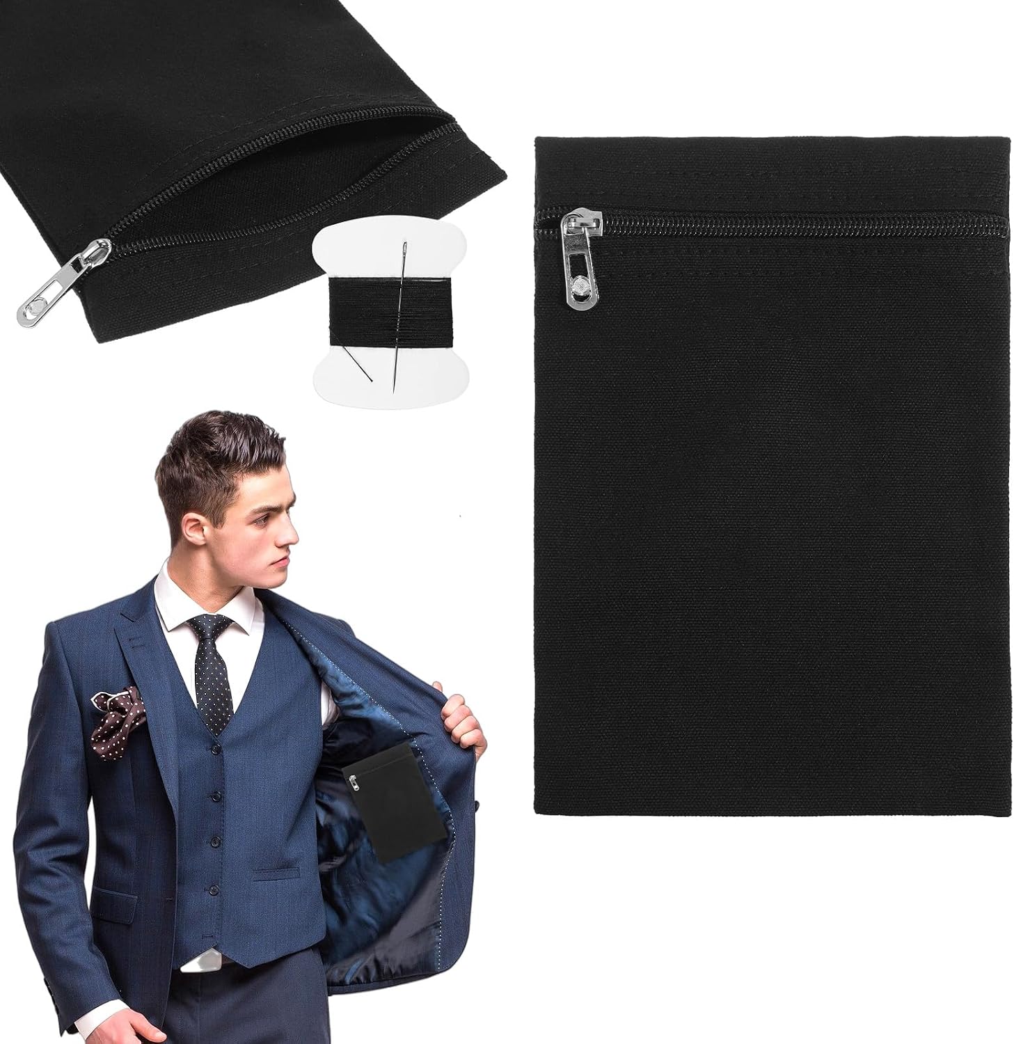 Black Sewing Hidden Pocket with Zipper, Inside Pockets Hidden Travel Wallet Pockets for Coat with Sewing Wire, Inside Pocket for Jacket, Hoodie, Sweatshirt, Puffer