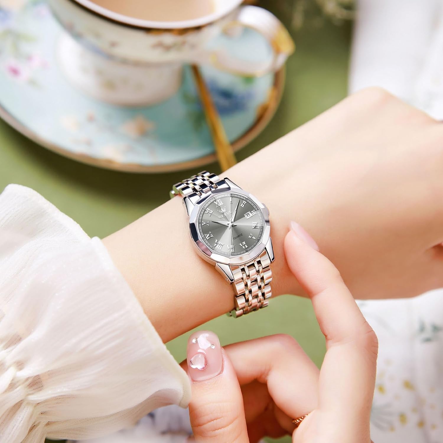 OLEVS Womens Watch Luxury Waterproof Silver Watch for Women Analog Quartz Stainless Steel Ladies Dress Watches Casual Wrist Watches for Woman Small Face with Date Reloj para Mujer - Image 3