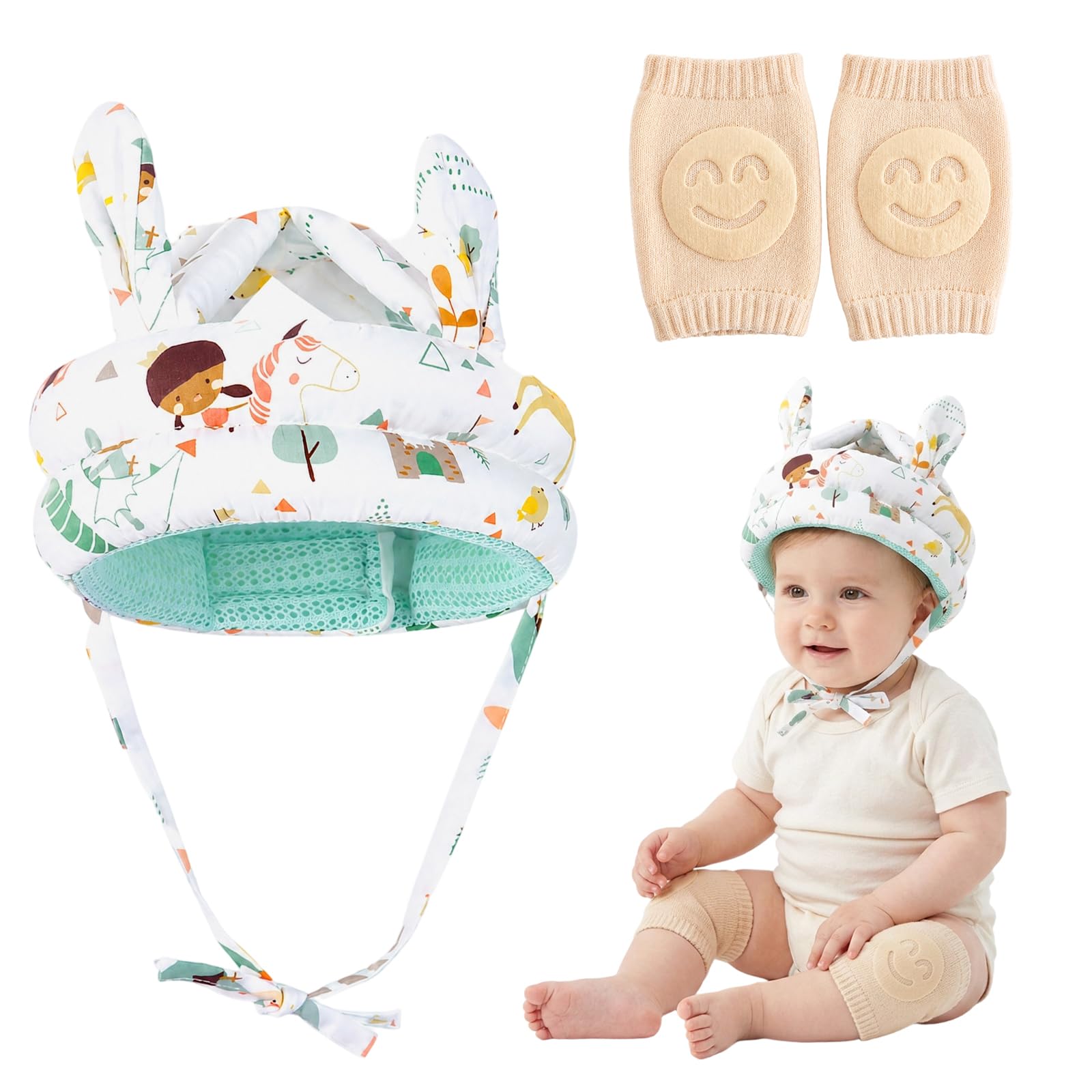 Baby Head Protector and Knee Pads Set, 2-Piece Infant Safety Gear for Crawling and Walking, Adjustable Head Protection Backpack with Breathable Fabric, Suitable for Babies 6-36 Months