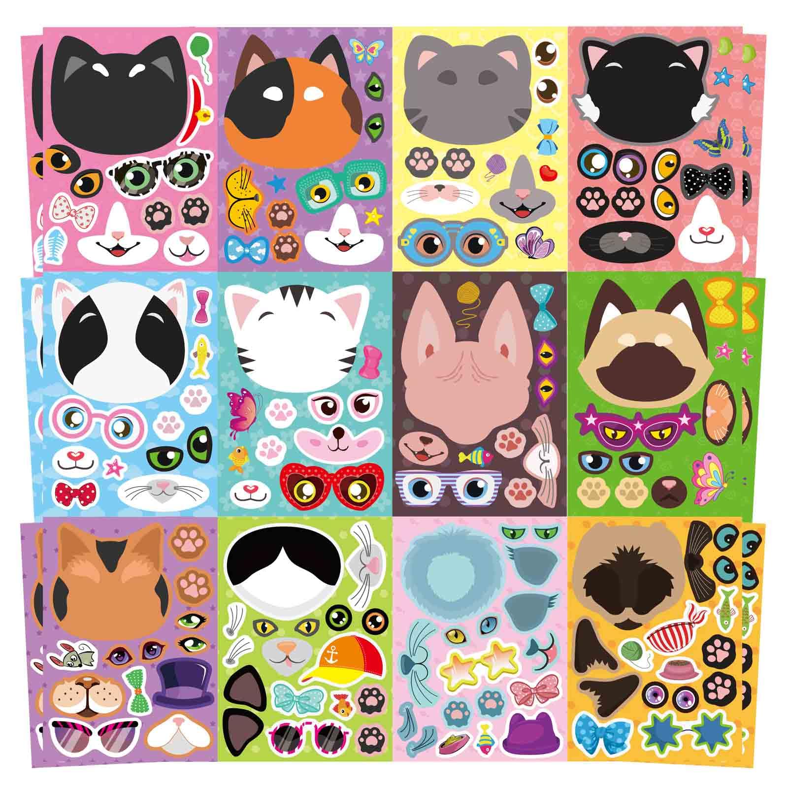 48 Sheets Cat Stickers,Make a Face Stickers for Kids, Make Your Own Cat Sticker, Animal Sticker for Kids 3-5, Brithday Gift Party Favors, Teacher