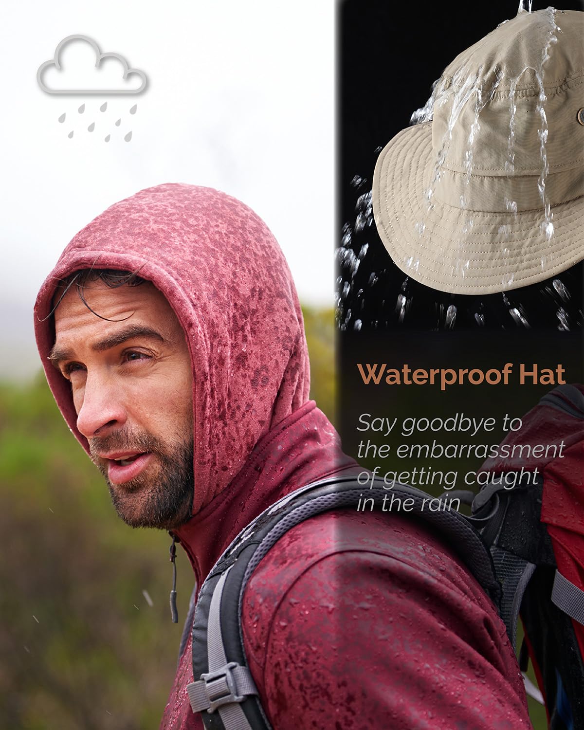 Hat Hut Sonnenhut für Herren, Wasserdichter Fischerhut, LSF 50+ breite Krempe, Regenhut, Outdoor Bucket Hat, Wandern, Allwetter