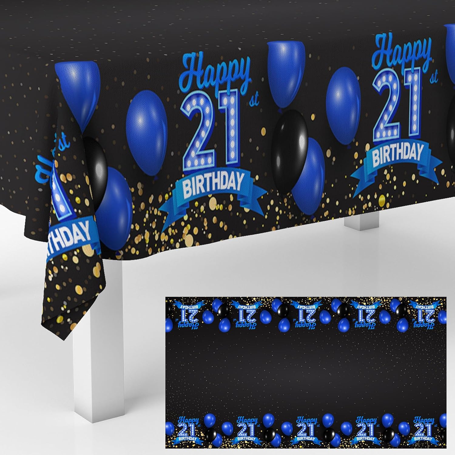 21st Birthday Tablecloth Blue & Black 21 Years Birthday Party Photography Supplies Decor Men Women for Indoor Outdoor Party Supplies Rectangle Table Cover Picnic Decorations Glitter