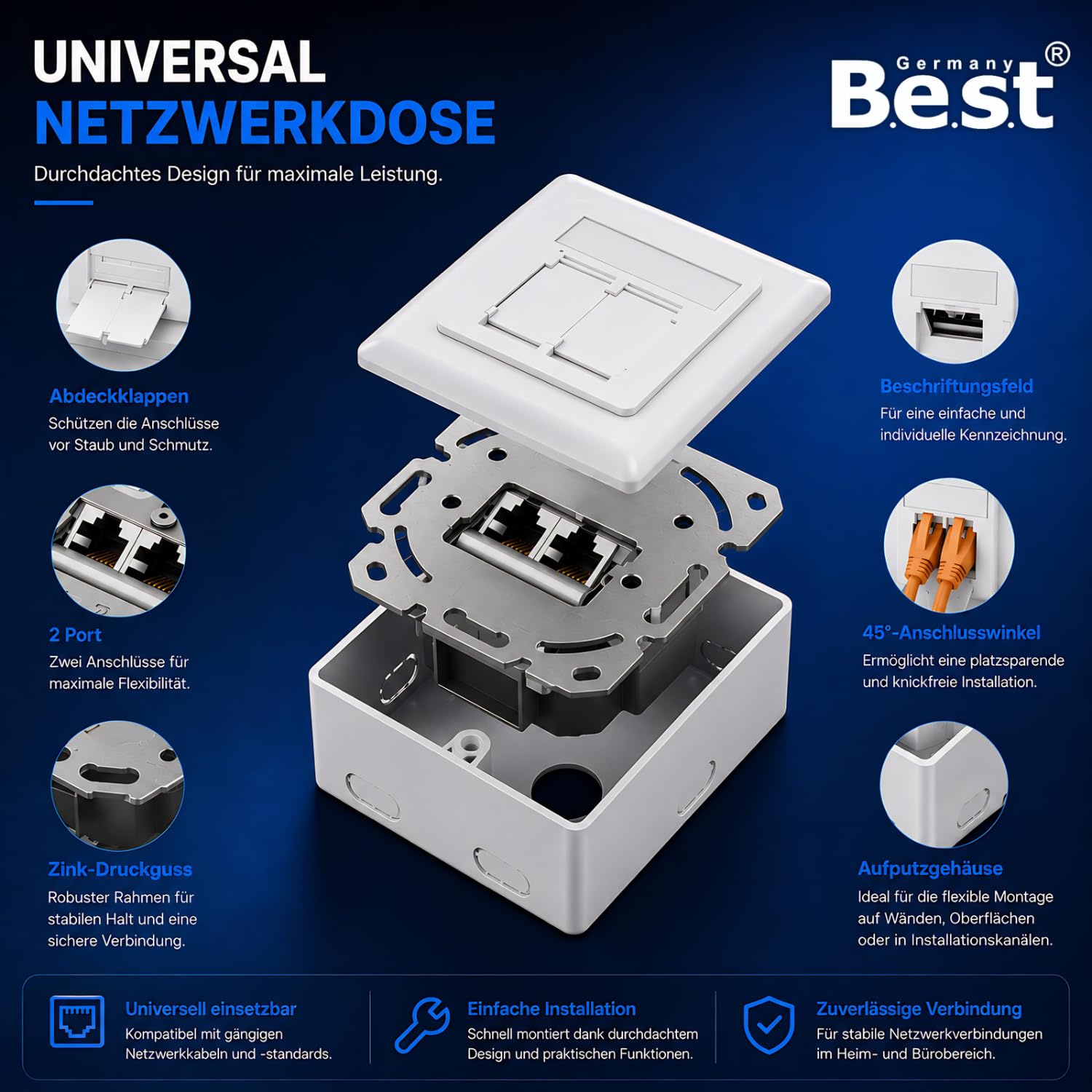 Lot de 4 prises réseau universelles CAT 6a en saillie et encastrées EIA/TIA 568A&B - 2 ports RJ45 - Compatible CAT6a, CAT7, CAT8 - Blanc