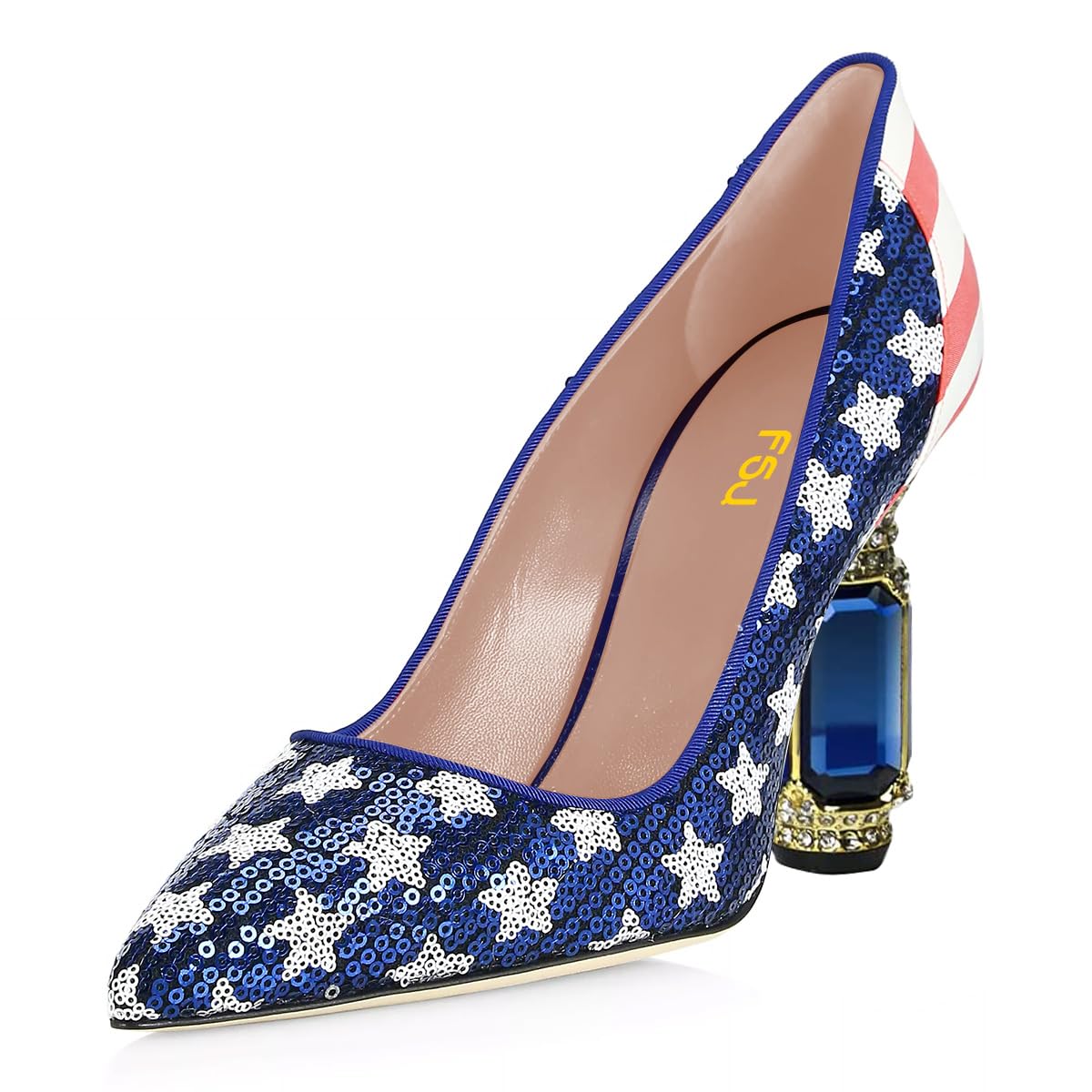 FSJ Women Bridal Pointed Toe Chunky High Heel Crystal Pumps Slip on Wedding Thick Comfort Unique Shoes Size 4-15 US