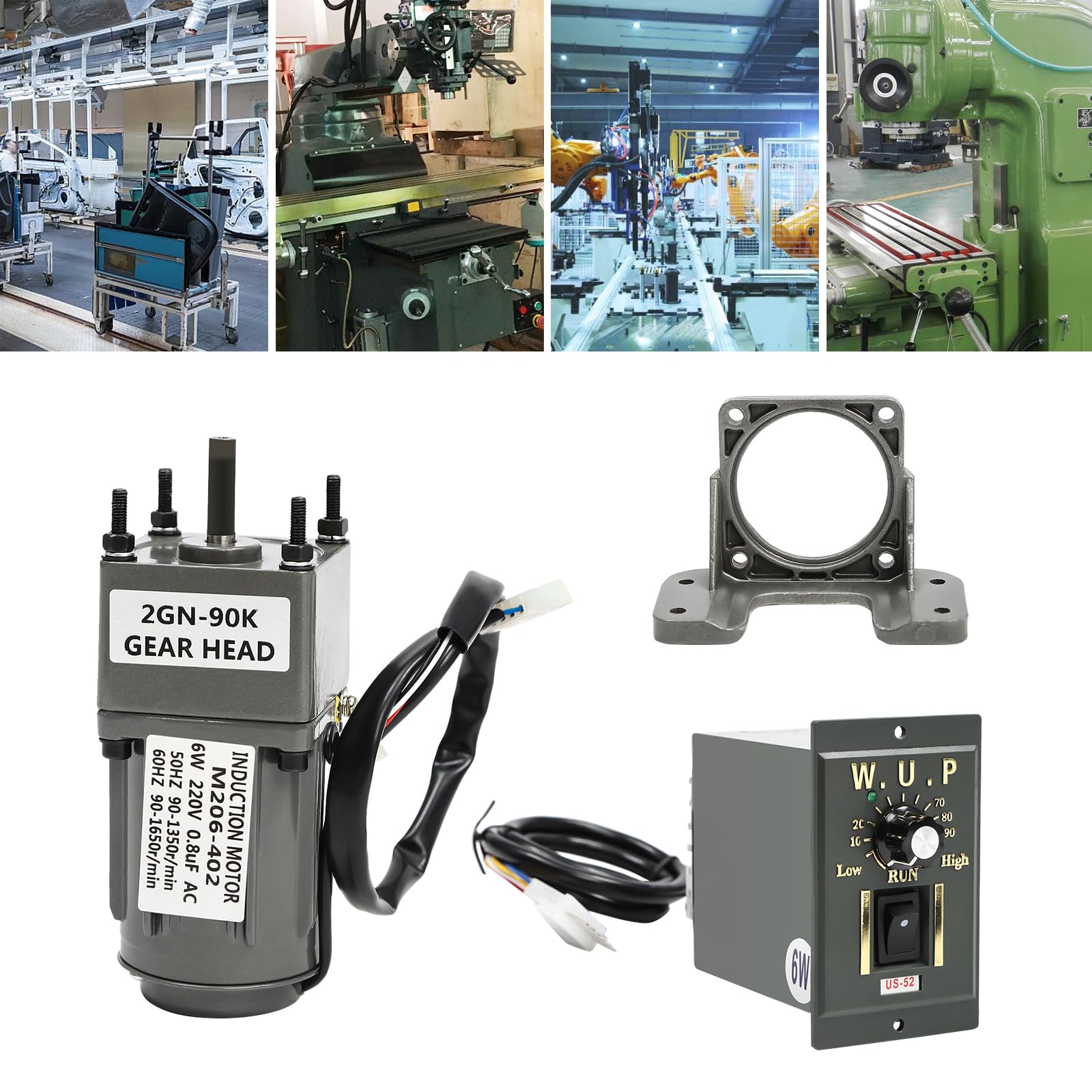 Motor de transmisión y controlador de velocidad, 220 V, baja velocidad, alto par, transmisión de CA, motor de engranajes con regulador de velocidad para línea de producción (6 W, 90 K)