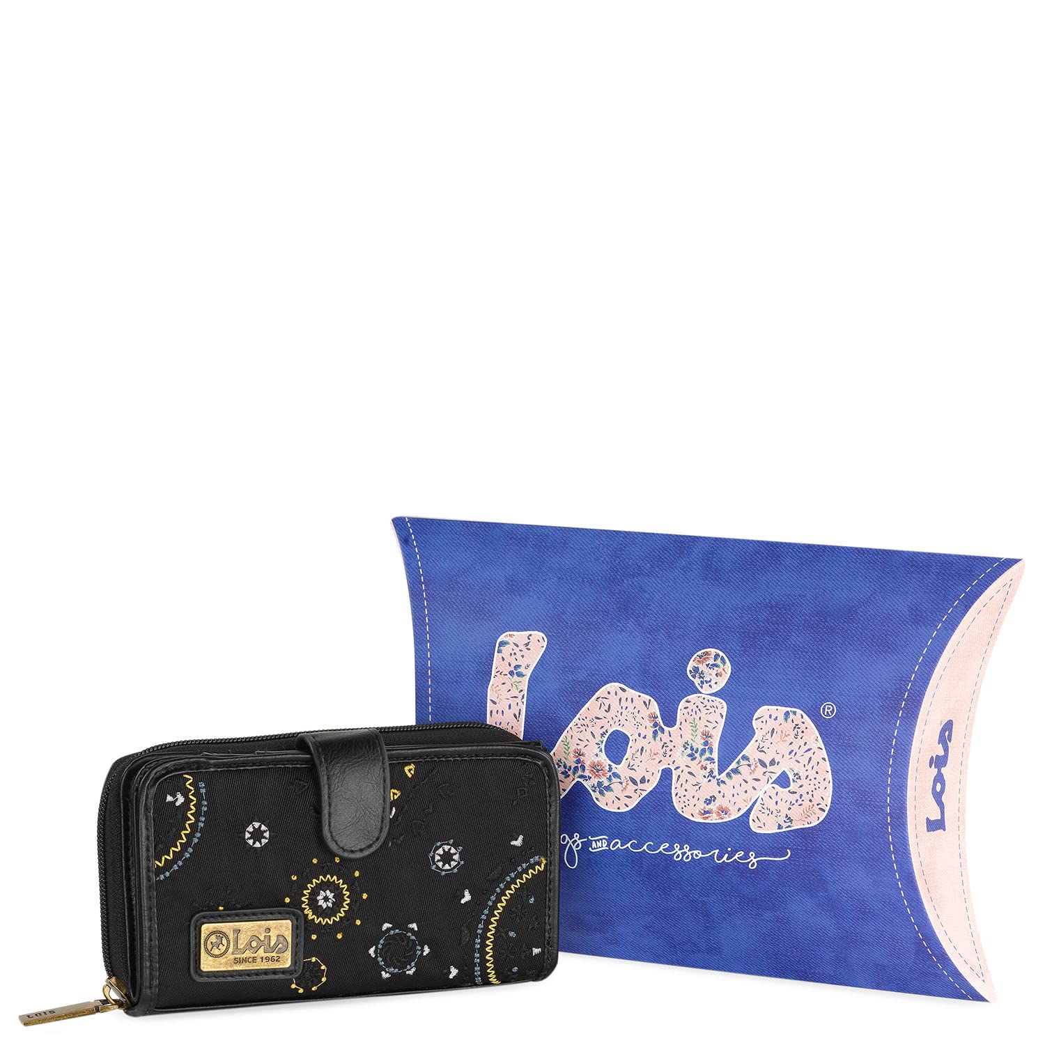 Lois - Cartera de Mujer Grande con Cierre Central de Cremallera, Monedero Tarjetero, Piel Eco, Cuero PU y Lona Bordada, Negro, 16 x 9 x 2 cm