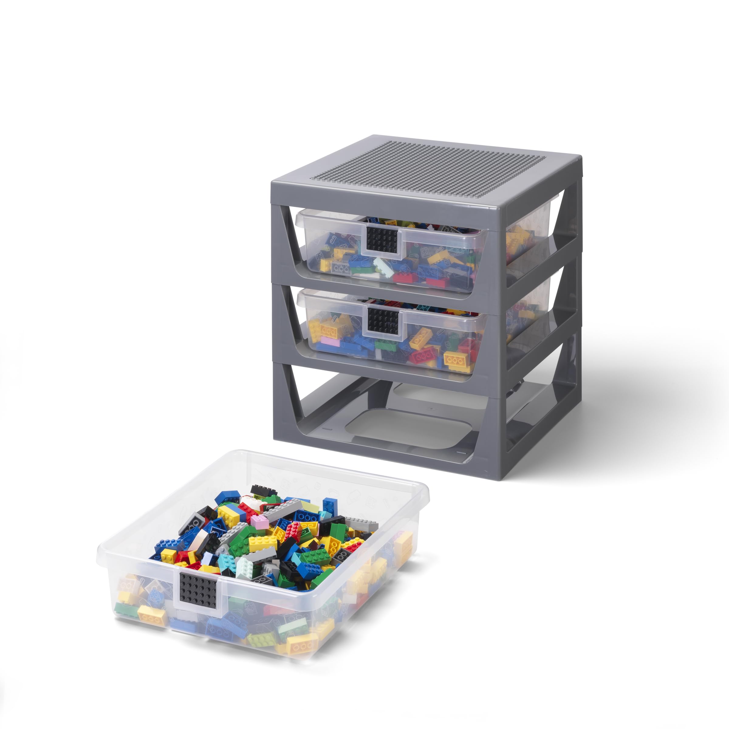 LEGO 3 Drawer Storage Rack Dark Grey - Customizable Toy Storage Unit with Removable Drawers and Building Station for Kids' Desk Organiser Bedside Table