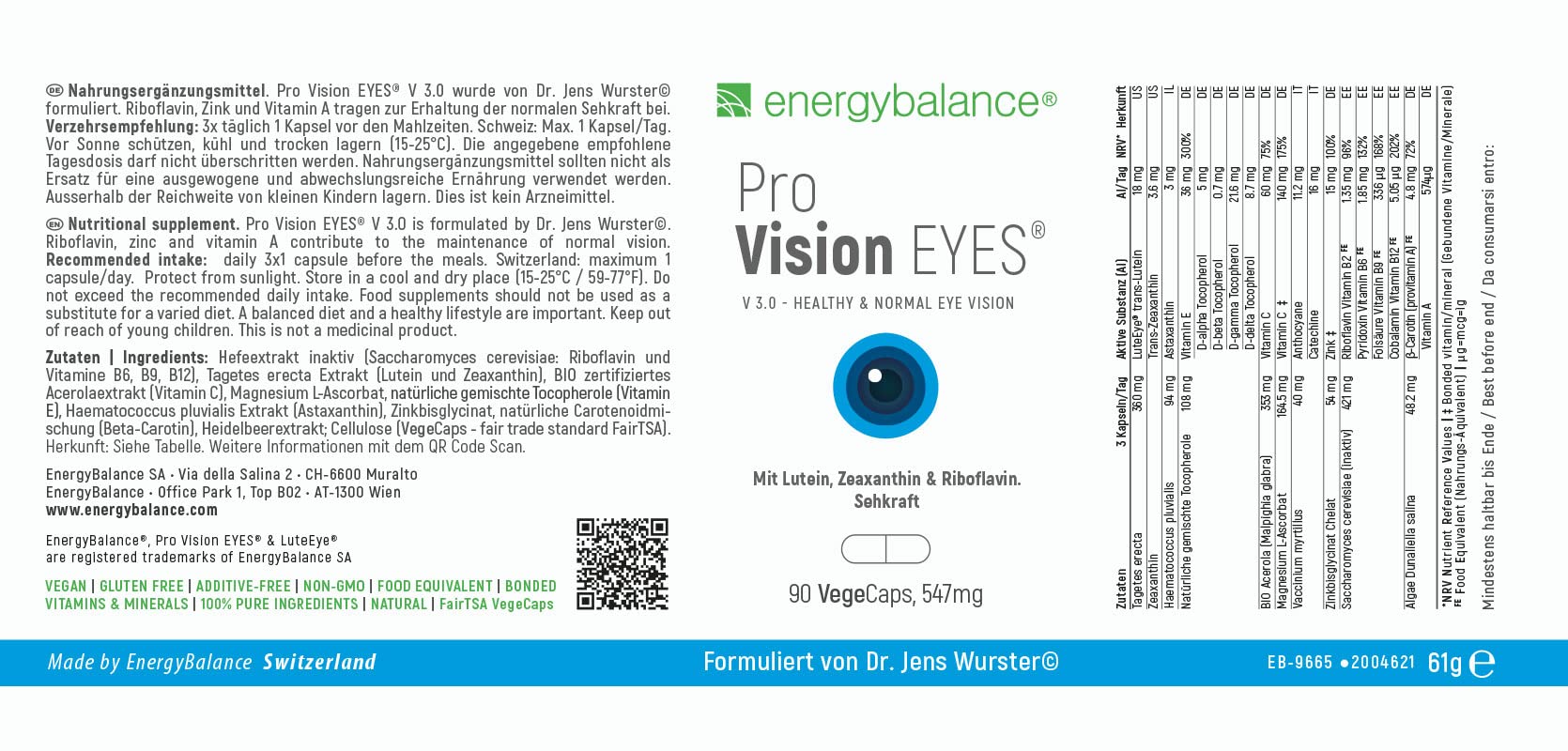 Pro Vision EYES - Augenvitamine Kapseln - Altersbedingte Makuladegeneration (AMD)- 90 VegeCaps à 547 mg mit Vitamin A, C, Zink, Riboflavin - von EnergyBalance - Qualität aus der Schweiz