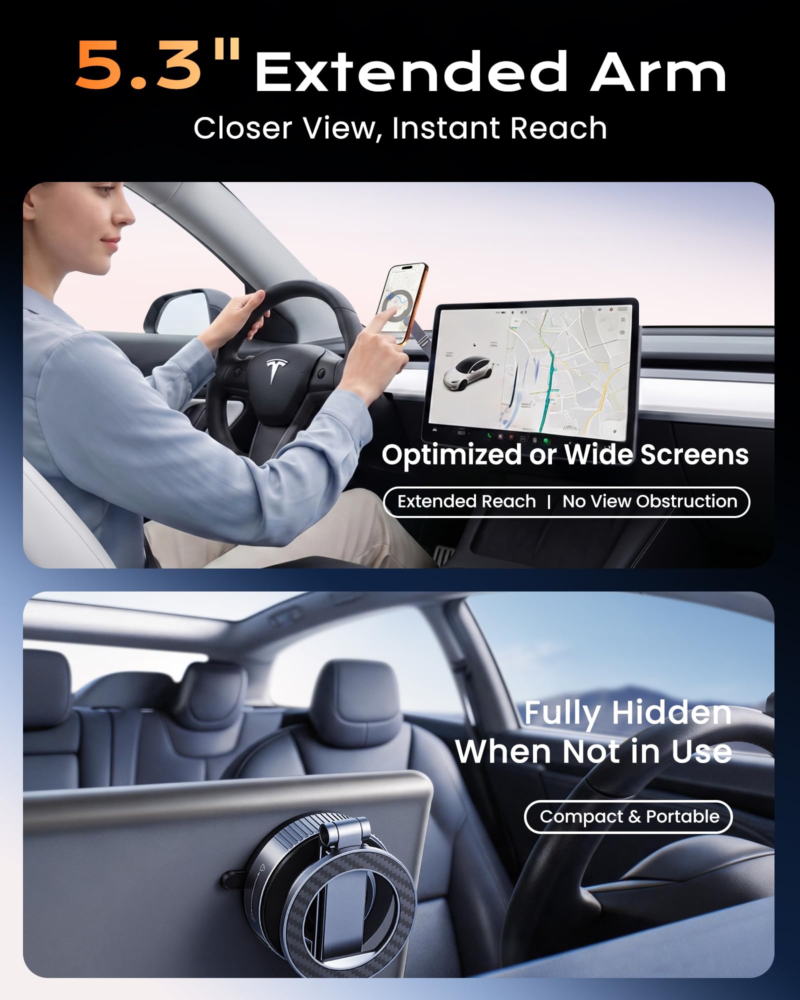 Magnetyczny uchwyt na telefon do samochodu z 3-osiowym długim ramieniem, składany, zmywalny, nano-żel + przyssawka próżniowa uchwyt samochodowy pasuje do Tesla Model Y/3, iPhone 17, 16, 15, 14, 13, 12