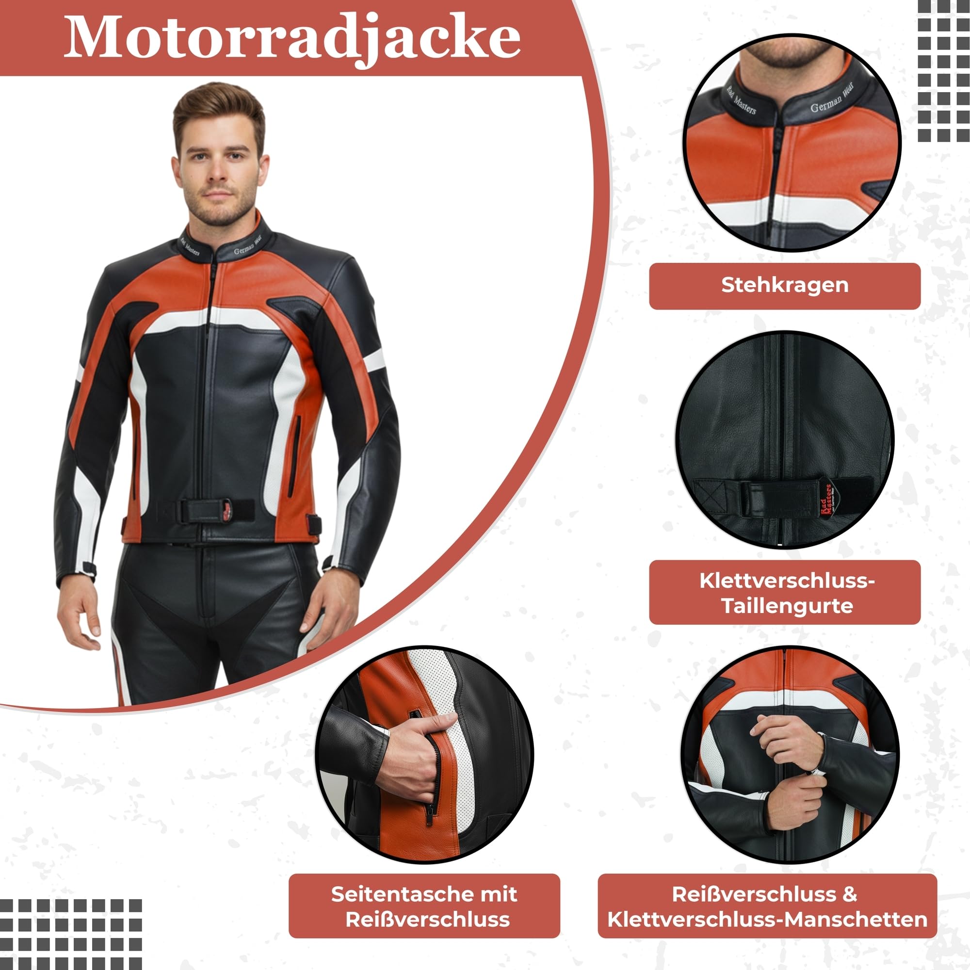 German Wear Herren Motorradjacke Lederjacke mit Protektoren, Frabe:Orange;Größe:S