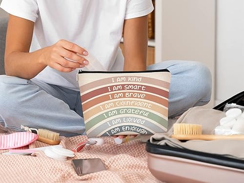 Miniatura 4 de Bolsa de maquillaje inspiradora con texto en inglés "I Am Kind I Am Smart I Am Brave", bolsa de cosméticos bohemia neutra arco iris, regalo para