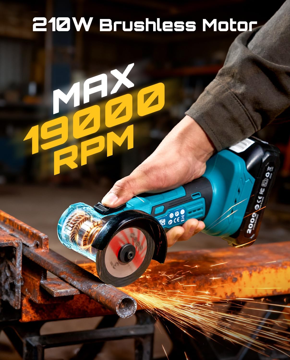 SEESII Cordless Mini Angle Grinder: 3-Inch Brushless Angle Grinder 19000 RPM with 2pcs 21V 2.0Ah Batteries, 7pcs Cutting Discs, 210W Power Electric Grinder Tool for Metal Wood Polishing Rust Removal
