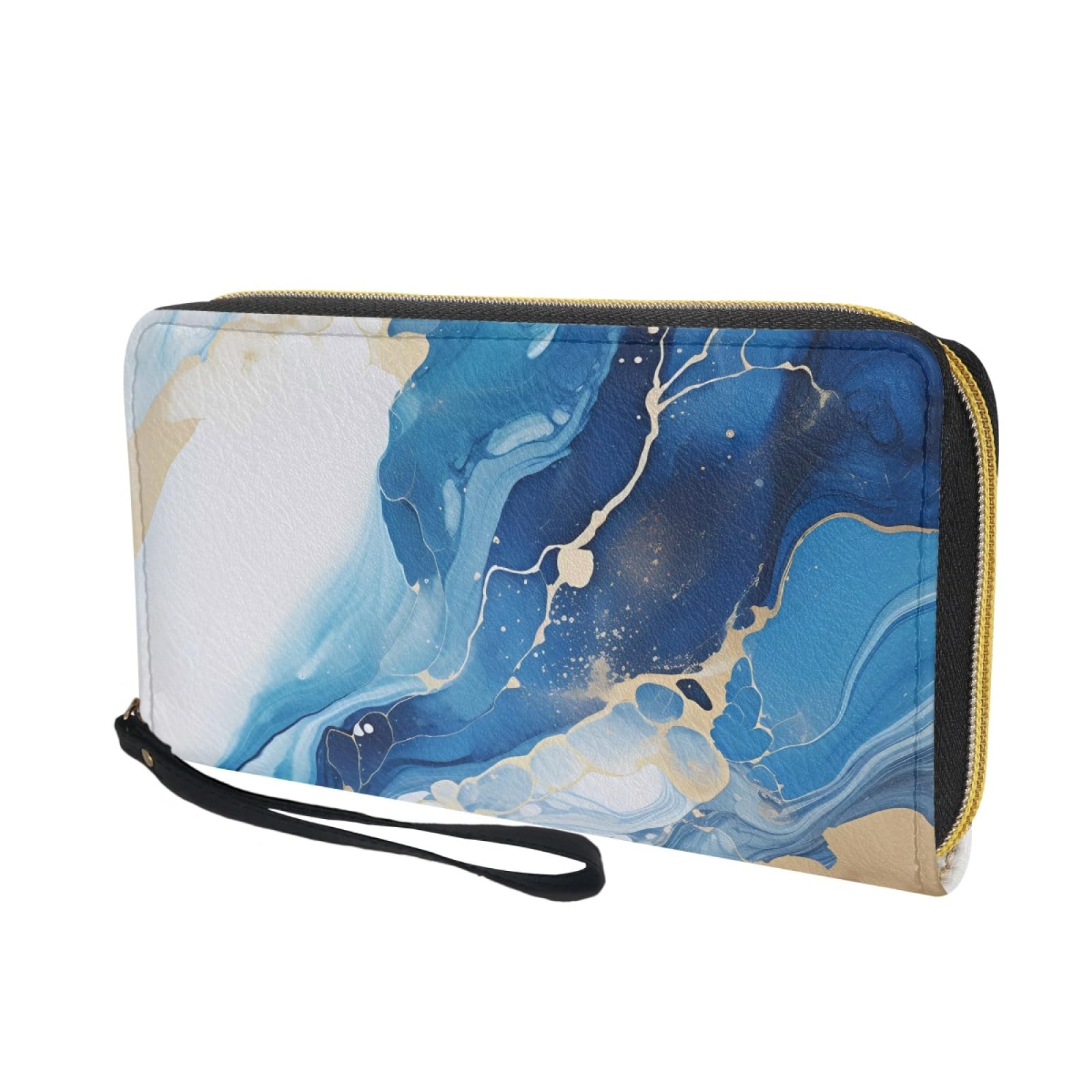 Portafoglio Donna Portamonete Porta Carte di Credito Donna Uomo Wallet | Portafogli con Zip e Cinturino da Polso Leggero Durabile Portatile,Impermeabile Cuoio,Marmo Blu 11x20cm/2 Unità