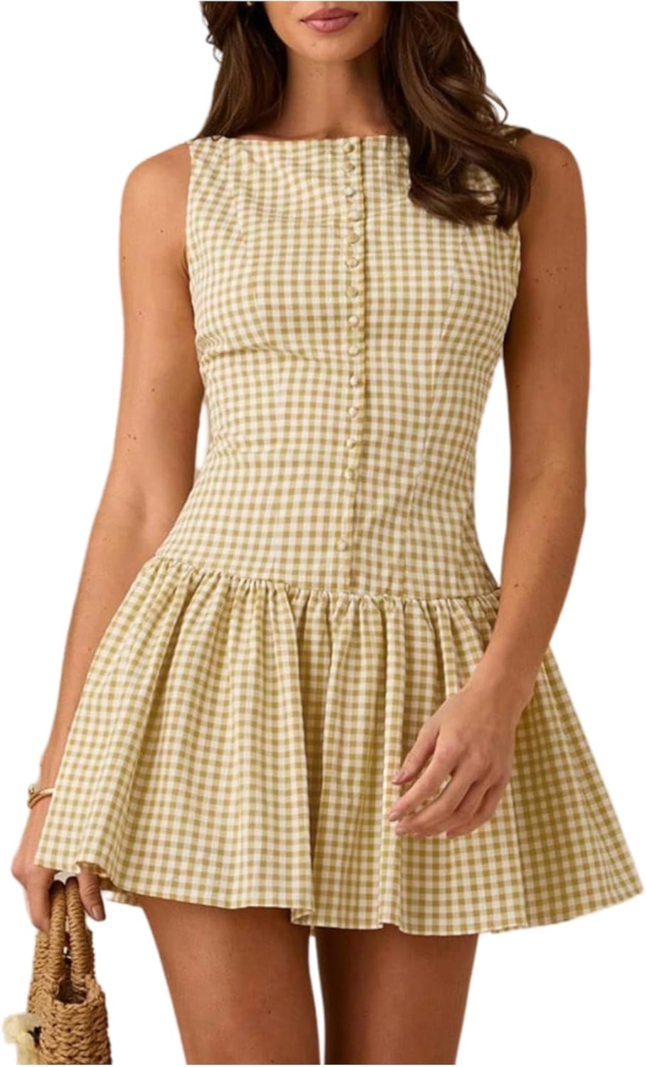 OYOANGLE Women's Gingham Sleeveless Ruffle Short Dress Open Back Button Front Y2K Plaid Dresses