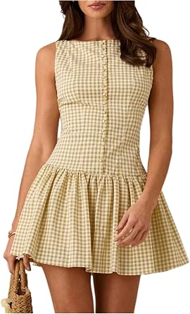 OYOANGLE Womens Gingham Sleeveless Ruffle Short Mini Dress Open Back Button Front Y2K Plaid Dresses