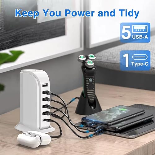 Miniatura 2 de Estación de carga USB para múltiples dispositivos, torre de carga multipuerto, puerto USB-C compatible con carga rápida PD compatible con iPhone,