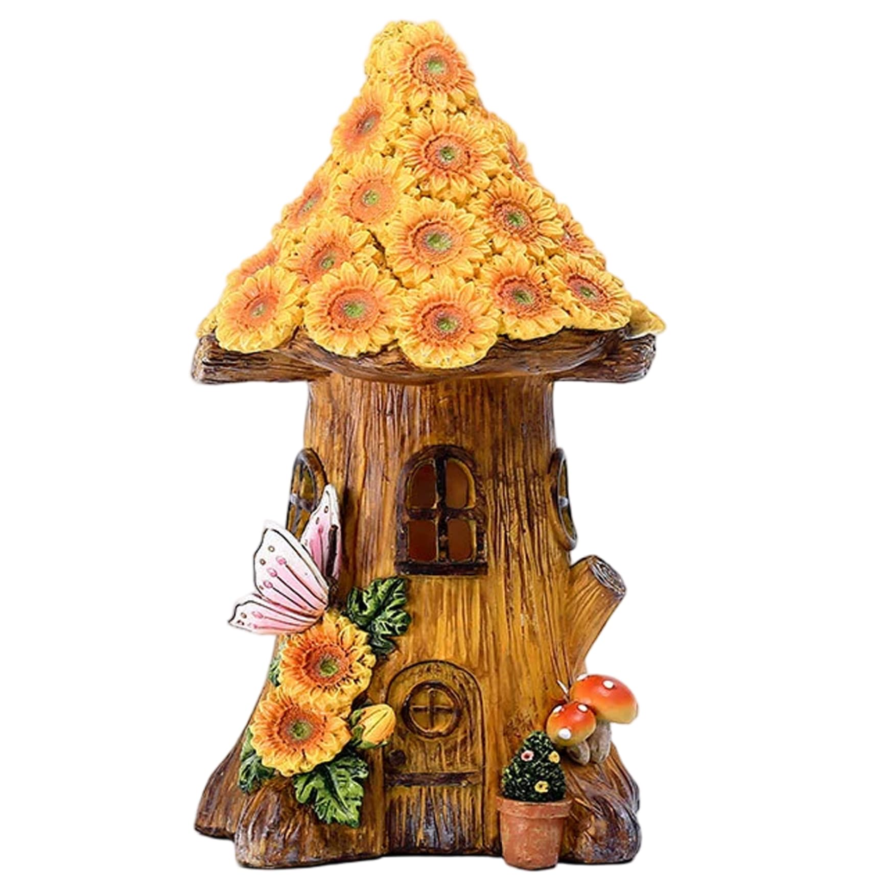 AwnsIMfreien Solar Garden Decor, Solar Mushroom Lights 8.5x4.5in Resin Fairy House with Sunflower & Butterfly Energetic Weatherproof Garden Statues for Patio Yard Lawn, Fairy House