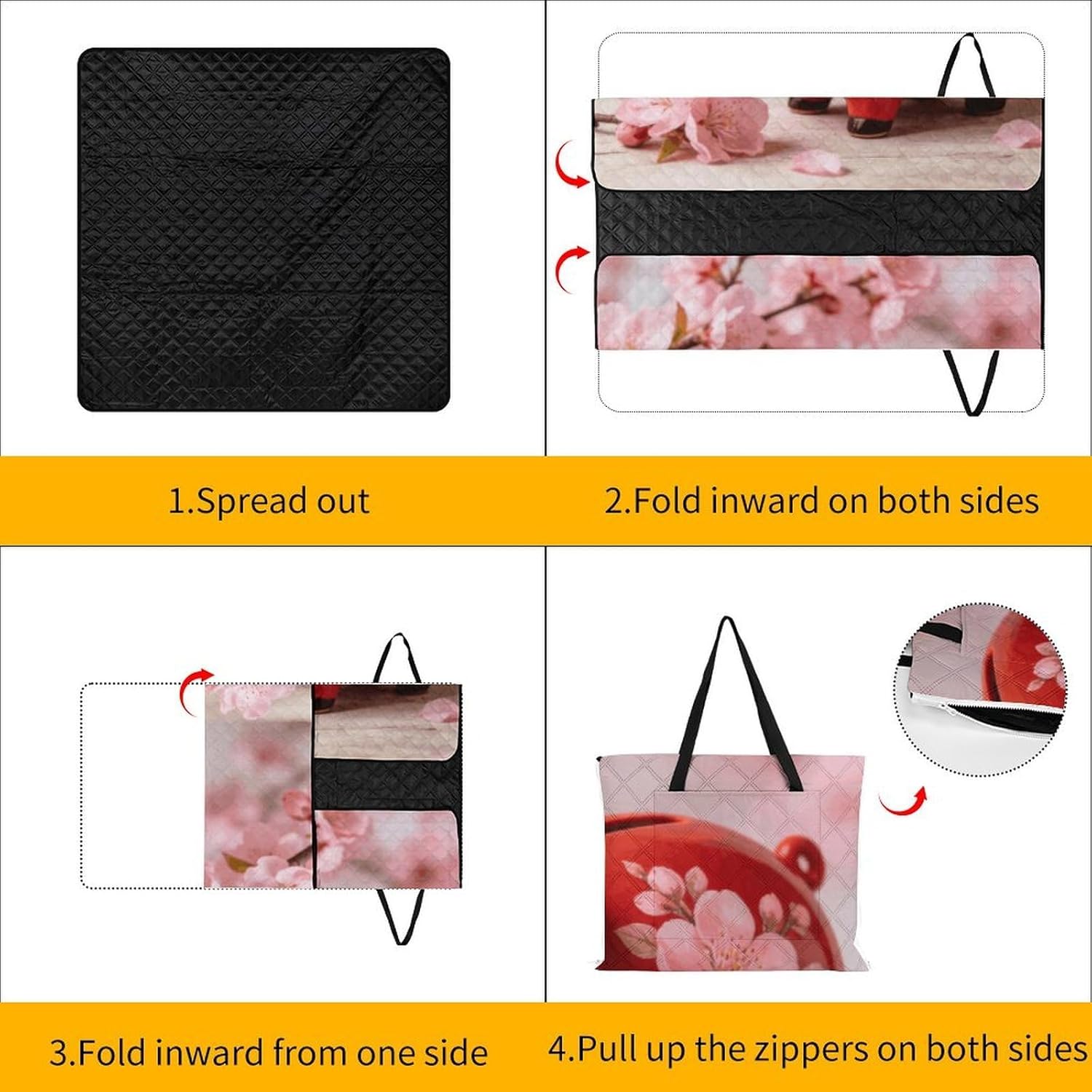 Upsdell Red Piggy Pink Peach Blossom Picnic Blanket with Zipper Water Resistant Sand Free Picnic Mat Washable Foldable Easy Carry Beach Blanket for Lawn Beach Hiking Camping
