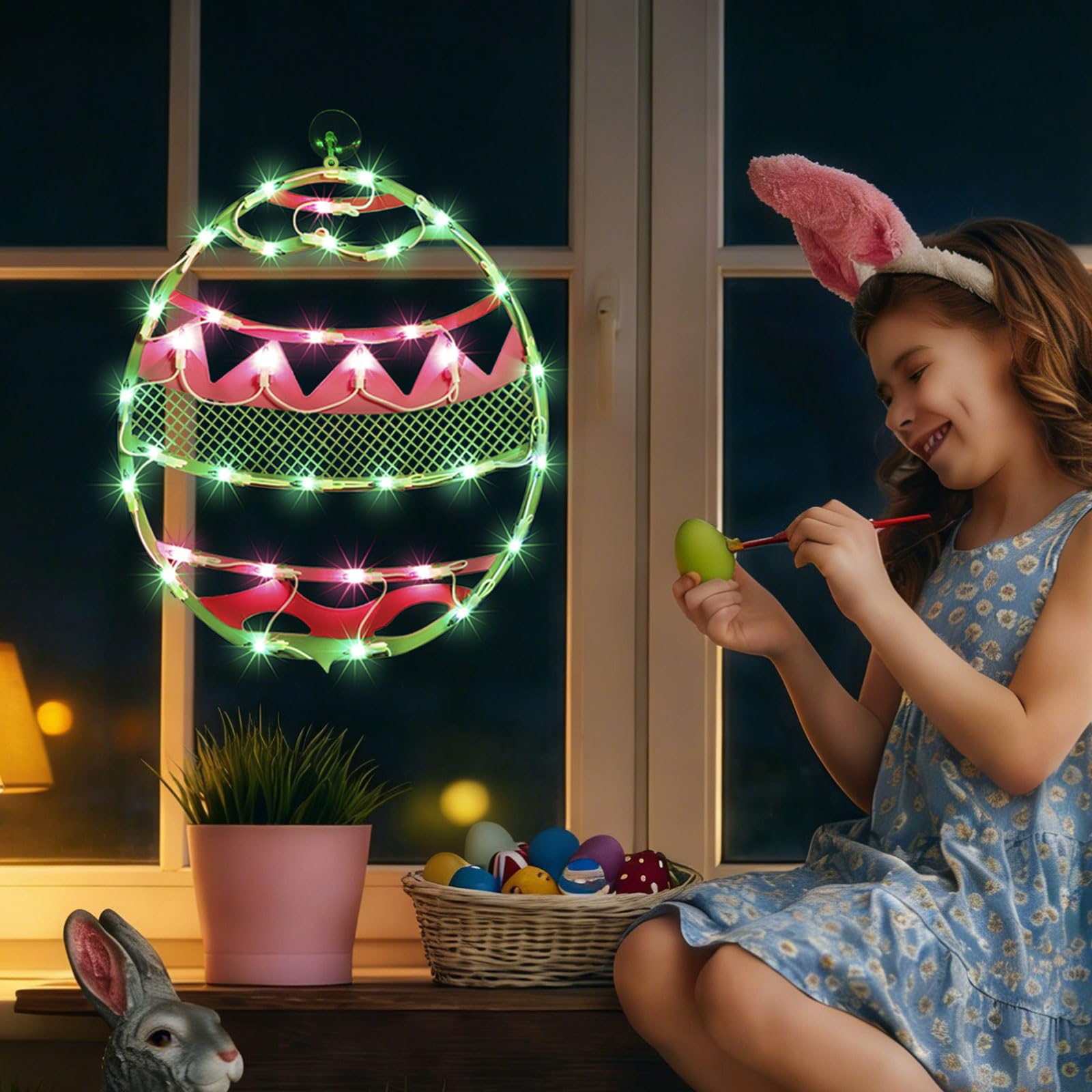 Uovo di Pasqua con 35 LED, 43,2 cm, verde illuminato, certificato UL, luce calda accogliente, espositore da finestra e ornamento da appendere, centrotavola, bella confezione regalo
