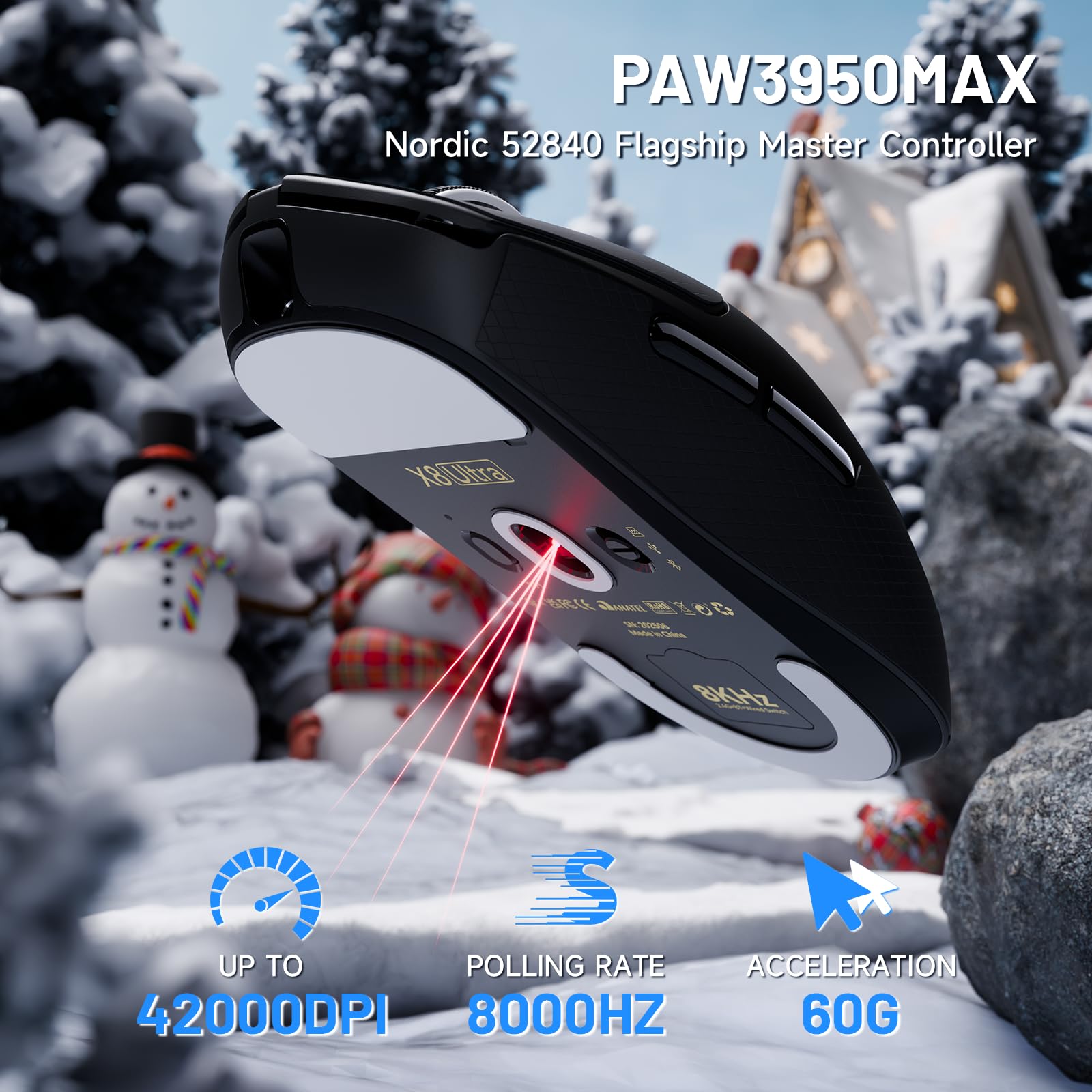 ATTACK SHARK X8 Ultra 8KHz Ratón Gaming Inalámbrico, 55g Ultraliviano, Nordic 52840, PAW3950MAX, 42KDPI, BT/2.4Ghz/USB-C, Recubrimiento Nano Frío, Manos Grande, 500mAh, Griptape, SW&Web Driver (Negro)