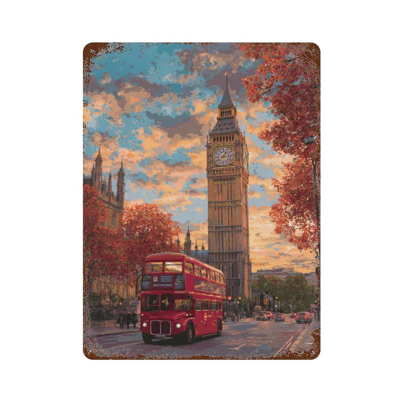Rusty Metal Tin Sign with London Autumn Scene with Big Ben Design 15.7"x11.8", for Farmhouse, Kitchen And Entryway Decor, Rustic Home Decor