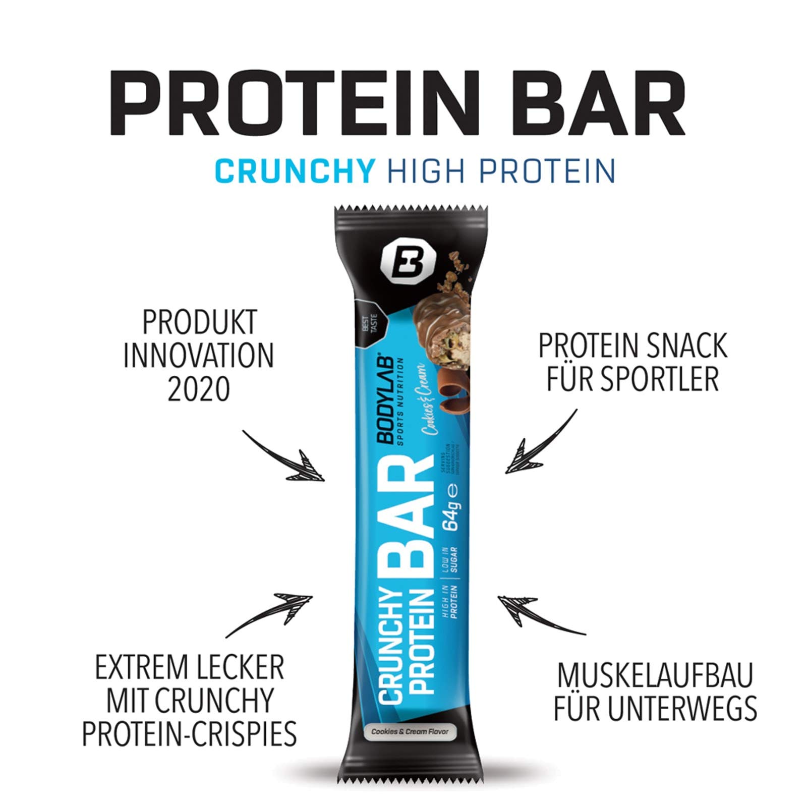 Bodylab24 Crunchy Protein Bar Cookies & Cream 12 x 64g Vorratsbox, knuspriger Protein-Riegel mit Schokoladenüberzug, mit 20g Eiweiß pro Riegel, High-Protein Low-Sugar, Eiweiß-Riegel mit wenig Zucker