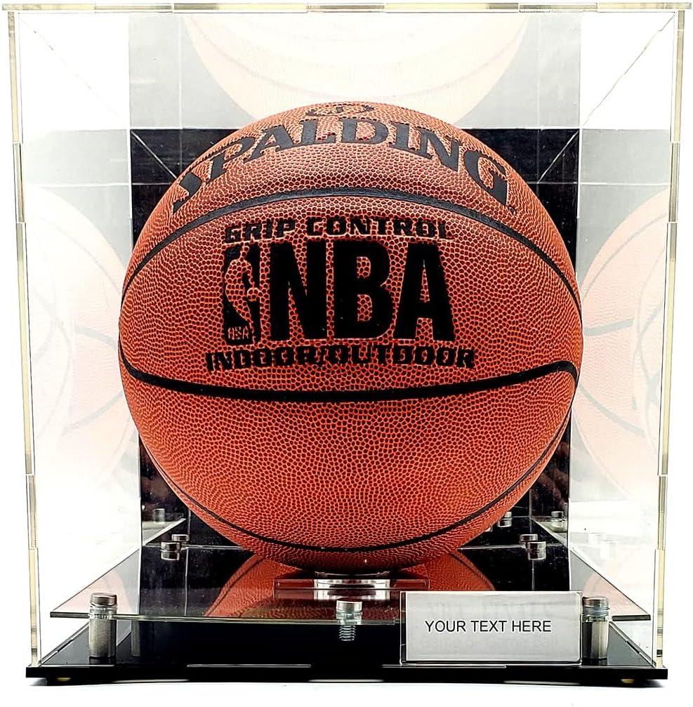Full Size Basketball Square Shape Soccer Ball Acrylic Display Case Wood Box UV Protection 10x10x9 (Mirror Platform)