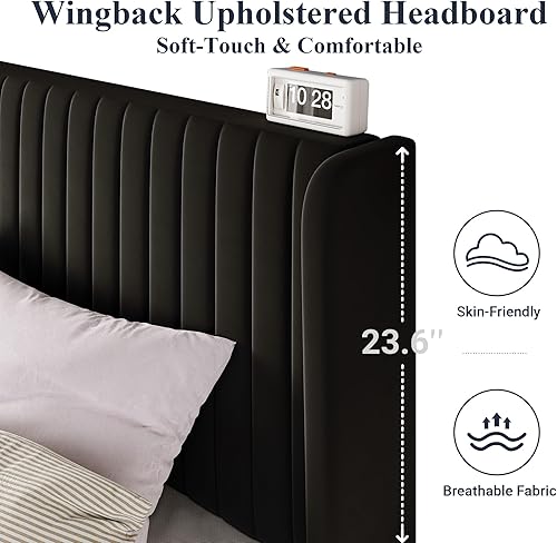 Miniatura 4 de Allewie Marco de cama de terciopelo tamaño King, cabecera capitonada con alas verticales, plataforma tapizada, listones de madera fuertes, no