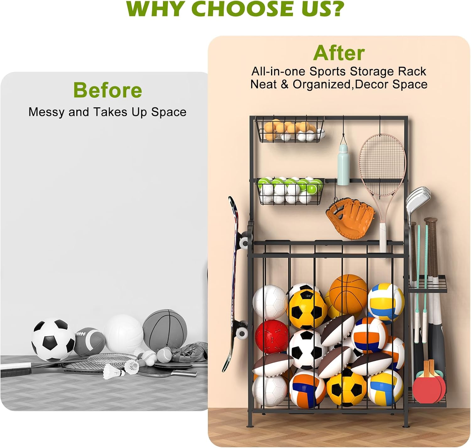 Sports Equipment Organizer Garage Ball Storage Rack with Baskets and Hooks, Freestanding Sports Gear Holder for Basketball, Soccer, Volleyball, Golf Club and Bat Racket, Black