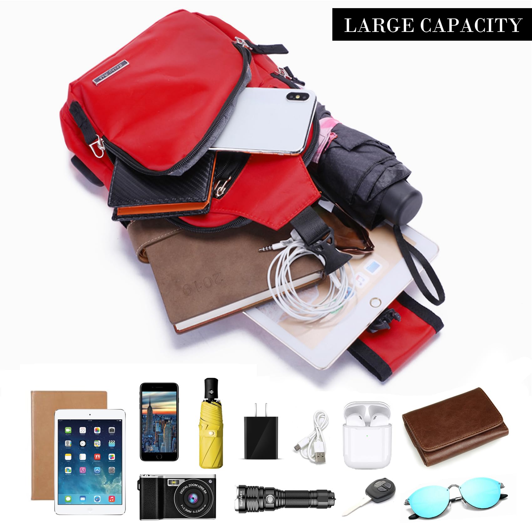 Seoky Rop Mochila bandolera de nailon resistente al agua para hombre y mujer, con puerto de carga USB, Rojo sandía, Talla única