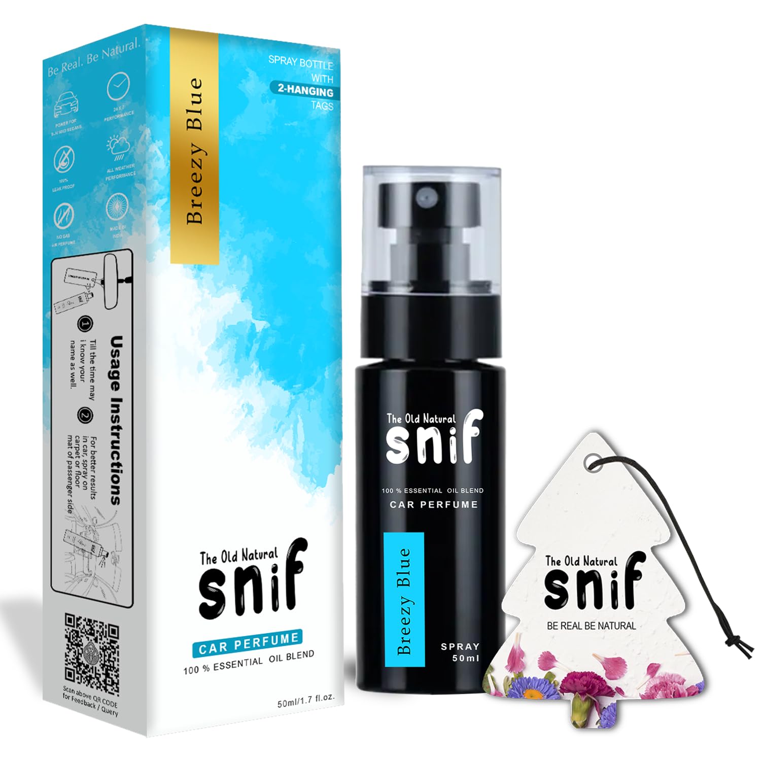 Snif Breezy Blue Spray Car Air Perfume Fine Fragrance – 50ml | Car Fresheners | Car Accessories Interior | Long Lasting Es...