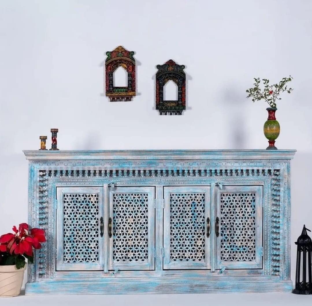 Solid Sheesham Wooden Carved Sideboard for Living Room | 4 Door Storage Cabinet | Antique Furniture (Blue)-image-49