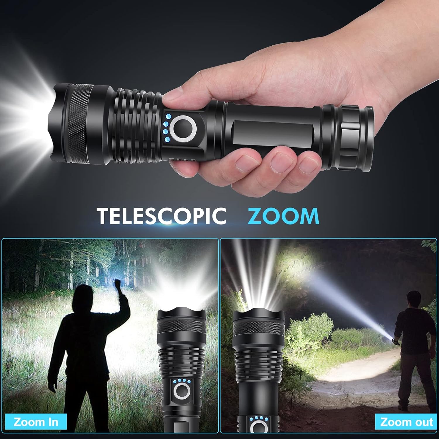Bud K Rechargeable Flashlight, Super Bright Small Flashlight, 5 Modes, 10000 Lumen LED Flashlight, Zoomable, Waterproof Flash Lights for Camping, Outdoor Activities and Emergencies