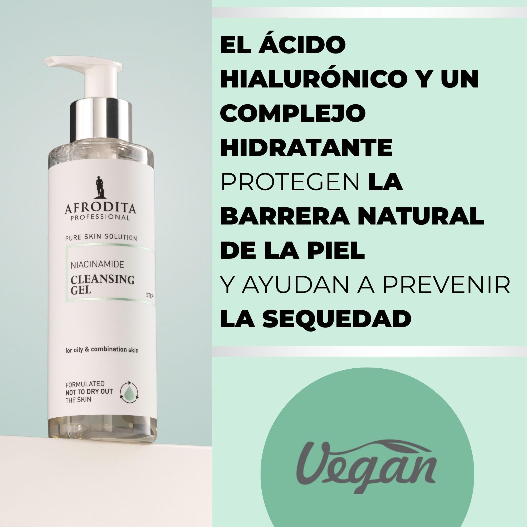 Afrodita Professional Niacinamida Gel limpiador para pieles grasas y mixtas, limpiador facial suave con ácido hialurónico, limpieza profunda de poros, 94% de origen natural, sin alcohol ni sulfatos
