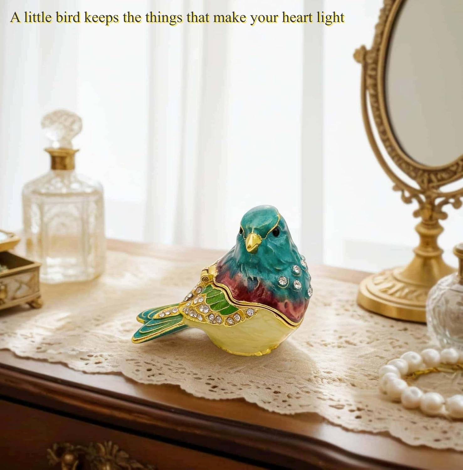 Turquoise Green Bird Trinket Boxes Hinged,Bird Decor with Crystals Enamel Jewelry Box.Necklace Ring Box Earrings Storage.Collectible Birds Lover Gifts Figurines Home Decor - Image 4