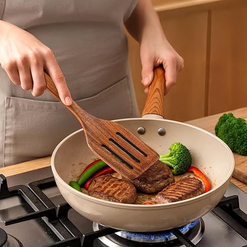 Miniatura 8 de Cucharas de madera para cocinar, juego de 12 utensilios de cocina de madera antiadherentes con agarre cómodo, 100% madera de teca natural,