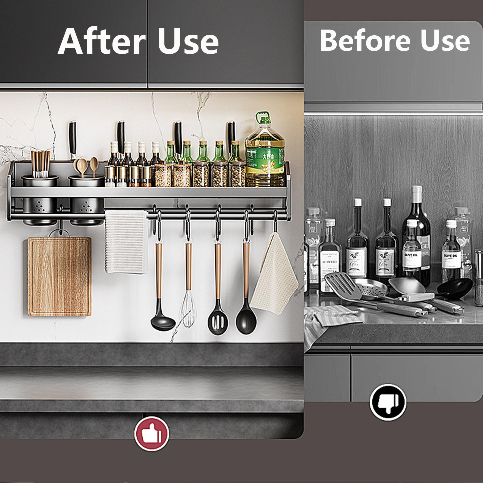 70cm,Especiero Pared Especiero Colgante Sin Taladro con Ganchos Extraíbles y Soporte, ​Estantería de Especiero de Acero Inoxidable, Especieros para Cocina, Especiero Organizador Cocina