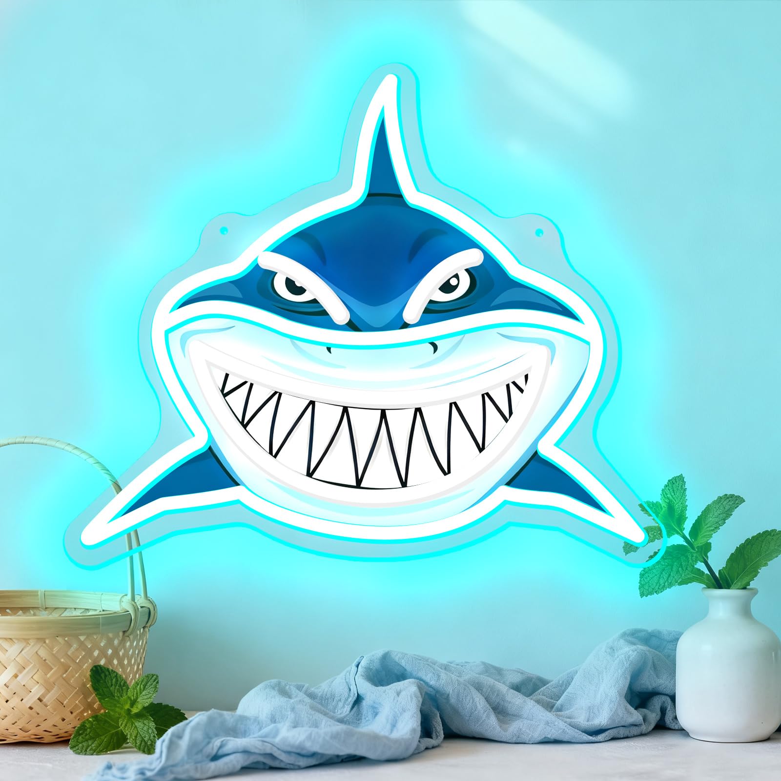 Ocean Themed Shark UV Printed Neon Light USB Powered Ice Blue Acrylic Wall LED Lights Suitable for Boys' Bedrooms Children's Playgrounds and Teenagers' Wall Decoration Gift(5V 14.57 * 12.59 Inches) — image 1