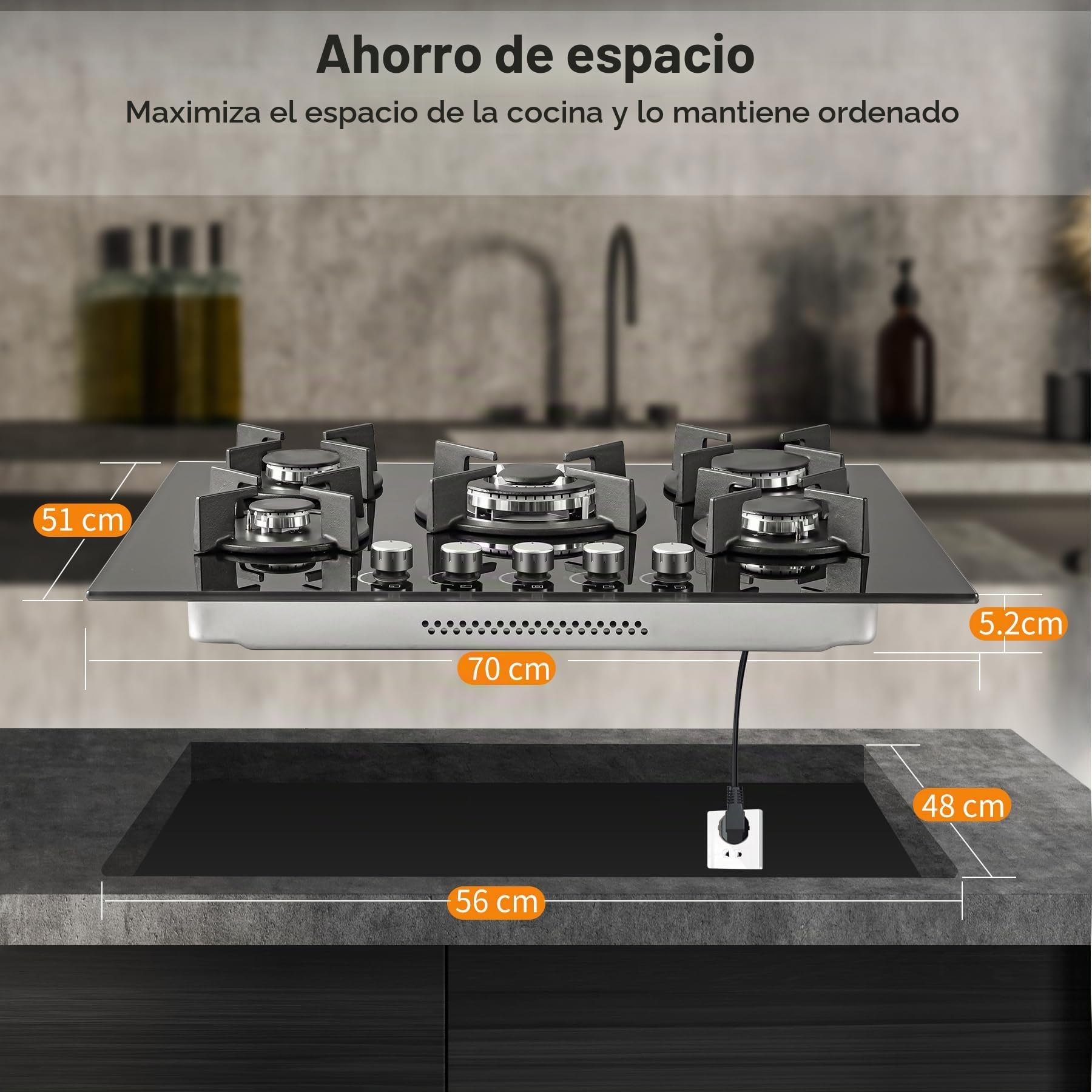 SNDOAS Placa de Gas 5 Fogones 70cm, Natural/Propano, 10400 W | Vidrio Templado Negro, Válvula de Seguridad, Parrillas en Hierro Fundido, 220-240 V