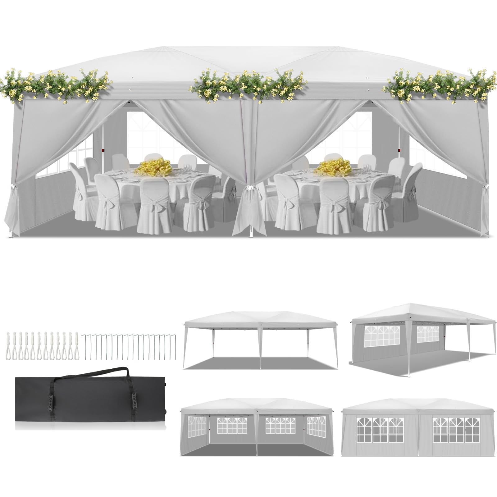 Pavillon 3x6 m,Faltpavillon Wasserdicht Windfest UV 50+ Sonnenschutz, mit 6 Seitenwände,4 Fenster,Höhenverstellbare, Stabil Gartenzelt Partyzelt für Garten, Party, Terrasse,Camping Weiß