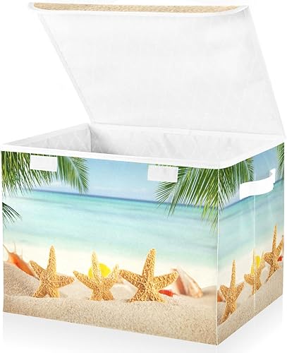 Playa tropical con varias conchas en arena con tapa, cajas de almacenamiento grandes de tela Oxford, plegables para el hogar, cestas de armario para