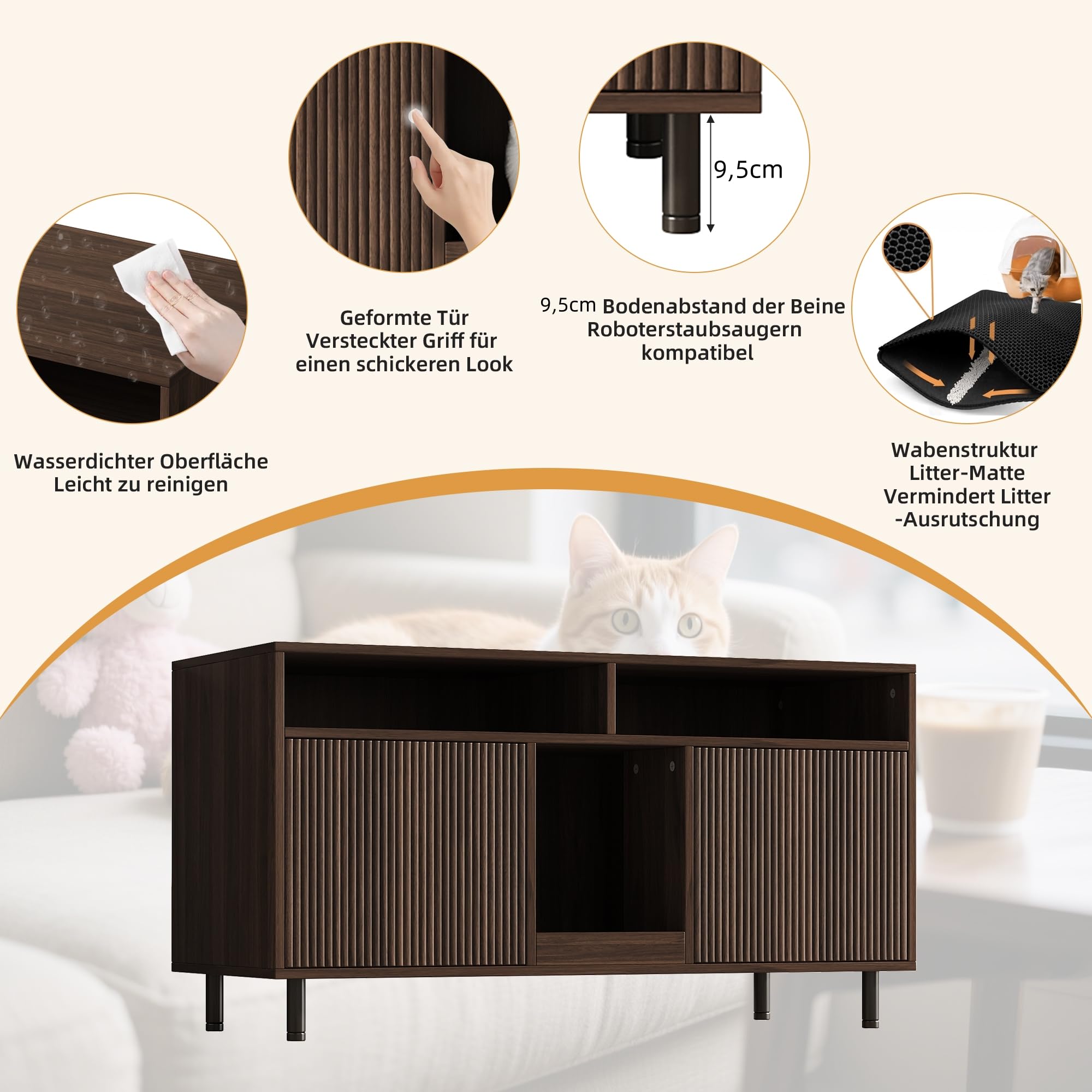 Katzentoiletten-Schrank/Katzenstreuwanne-Schrank mit Sandauffangmatte, Haustier-Schrank mit Ablage, Haustier-Sideboard/TV-Schrank, ohne Katzenstreuwanne, 120x50x66cm, Nussbaumfarbe